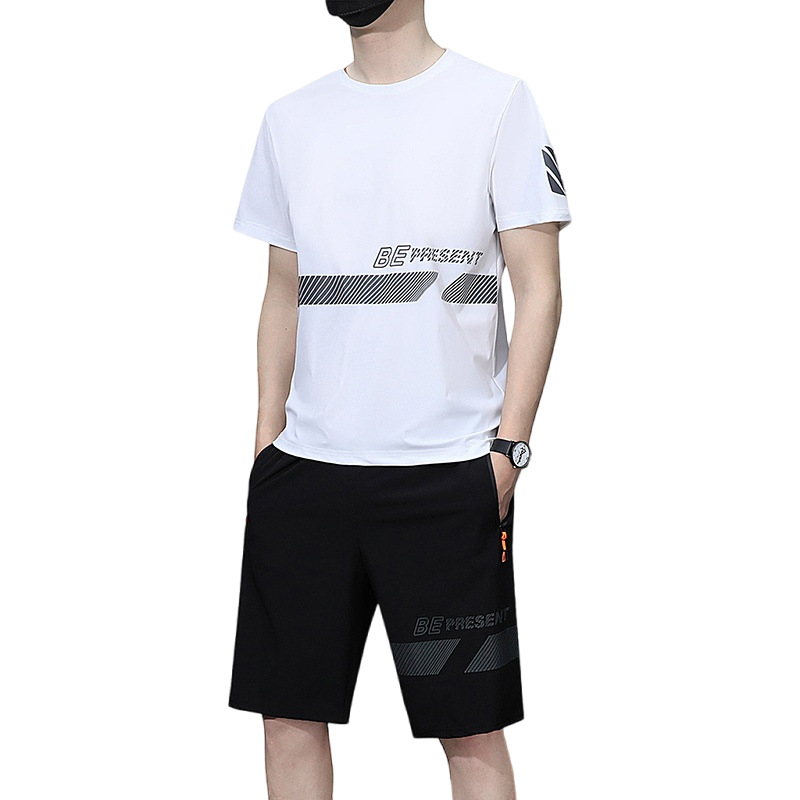 Summer Trendy Brand suit Men's Casual Ice Silk Men's T-shirt Loose Sports Quick-drying Shorts Thin Short-sleeved Men's Trendy
