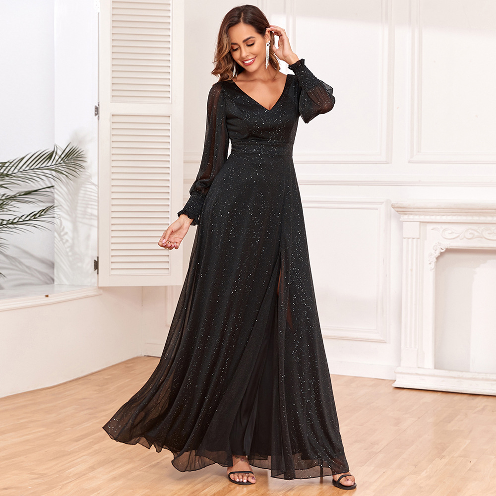 New European and American Long Perspective Sleeve Stitching Long Dress V-Neck High Split Big A Sparkling Full Lining Quality Evening Dress