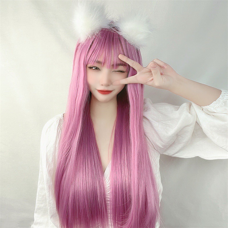 Color wig women's Japanese and Korean air bangs long straight hair chemical fiber dyeing fake hair fast hand net red live with goods products