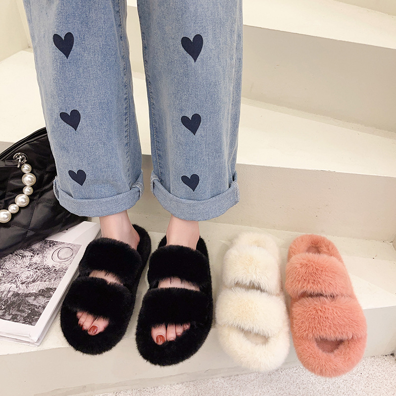 Plus size plush slippers for women 2023 autumn and winter New thick bottom home outdoor wear flat indoor plush slippers fashion