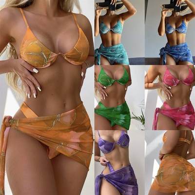 2024 new multi-color digital printing mesh three-piece bikini split swimsuit female manufacturer European and American cross-border