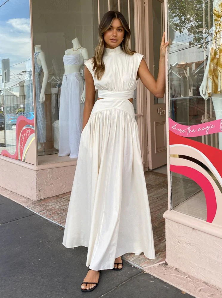 23 years of foreign trade new resort wind solid waist waist waist waist open fold large skirt dress 23003-1