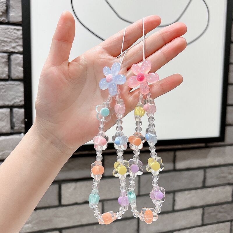 Factory in stock mobile phone lanyard wholesale small flower short bead lanyard wrist beaded phone case hanging hand