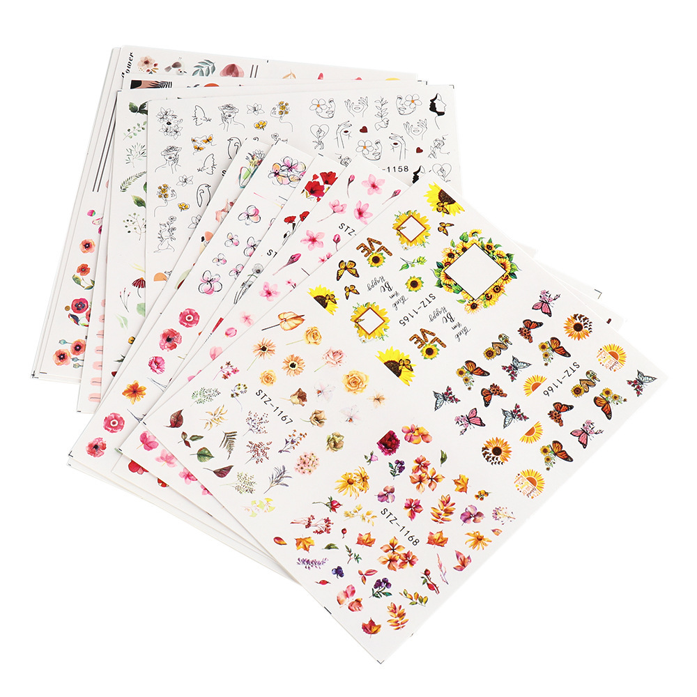 Cross-border new nail stickers spring and summer fresh colorful flower butterfly sunflower watermark nail stickers nail
