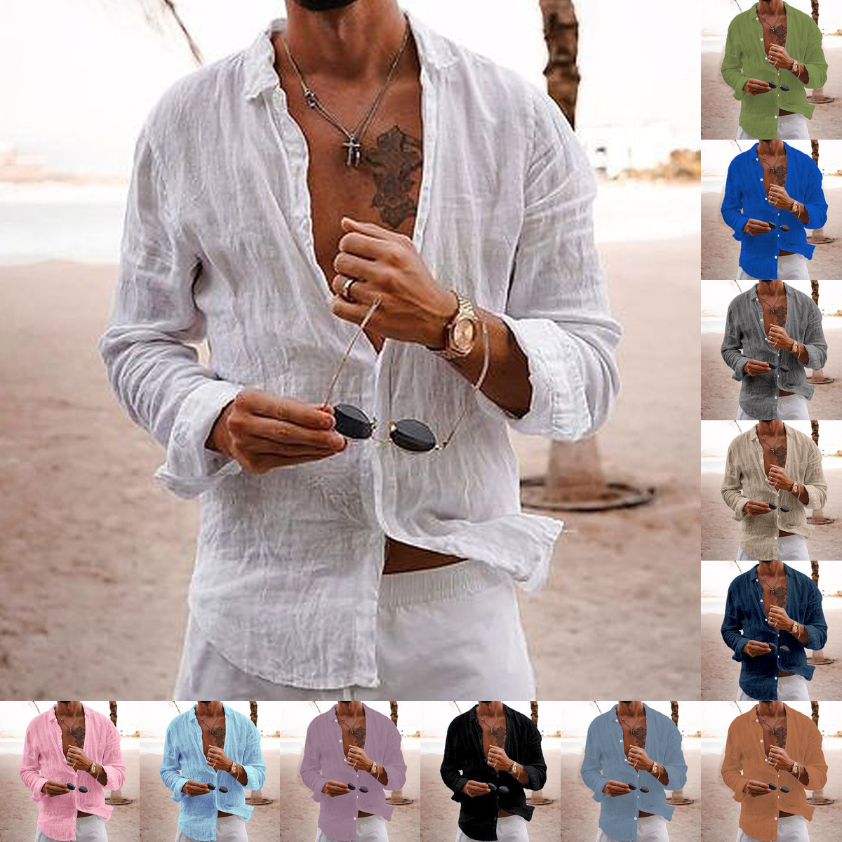 Cross-border Foreign Trade Supply Shirt Men's 2024 New Solid Color Loose Single-breasted Lapel Cotton Linen Long-sleeved Shirt