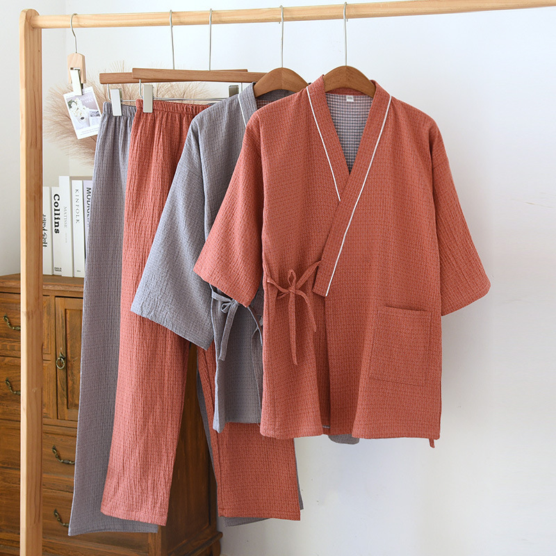 Kimono Men's and Women's Pure Cotton Yarn-dyed Gauze Sweatshirt Spring and Summer Thin Couples Home Suit Bathrobe
