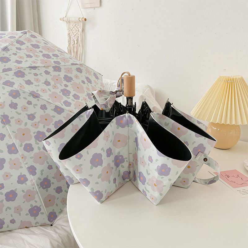 Floral Umbrella Black Full-automatic Sun Umbrella Sunscreen Umbrella Anti-ultraviolet Sunshade Women's Sunny and Rain Dual-use Folding Umbrella Wholesale