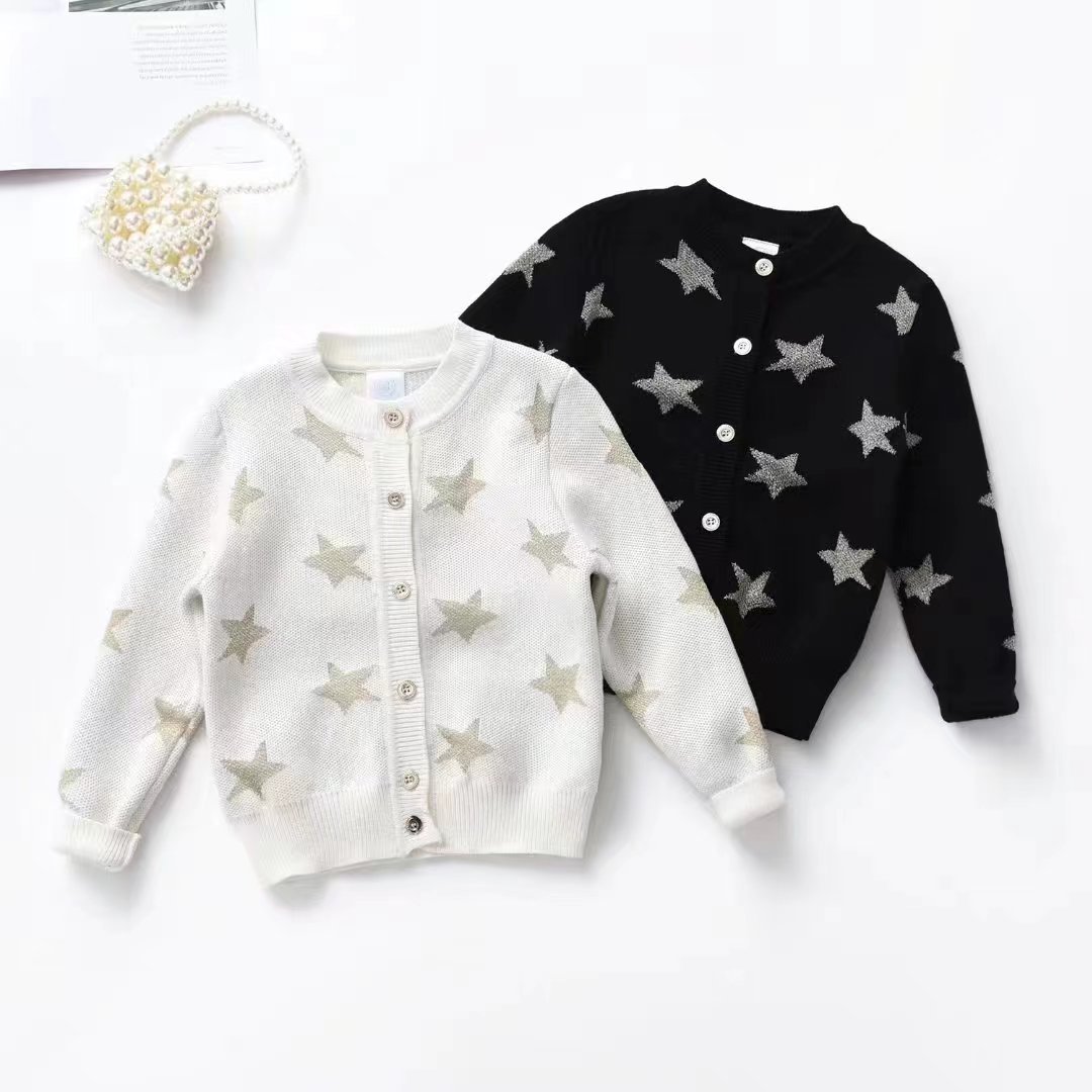 Spring Long Sleeve Knitted Cardigan Children's Stars Black and White Fashion Comfortable Breathable Western Style Pure Cotton Children's Coat