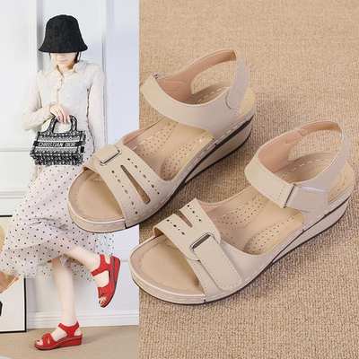 2023 New Cross-border Foreign Trade Sandals Women's Amazon Wedge Velcro Thick Sole Large Size One-word Sandals Spot