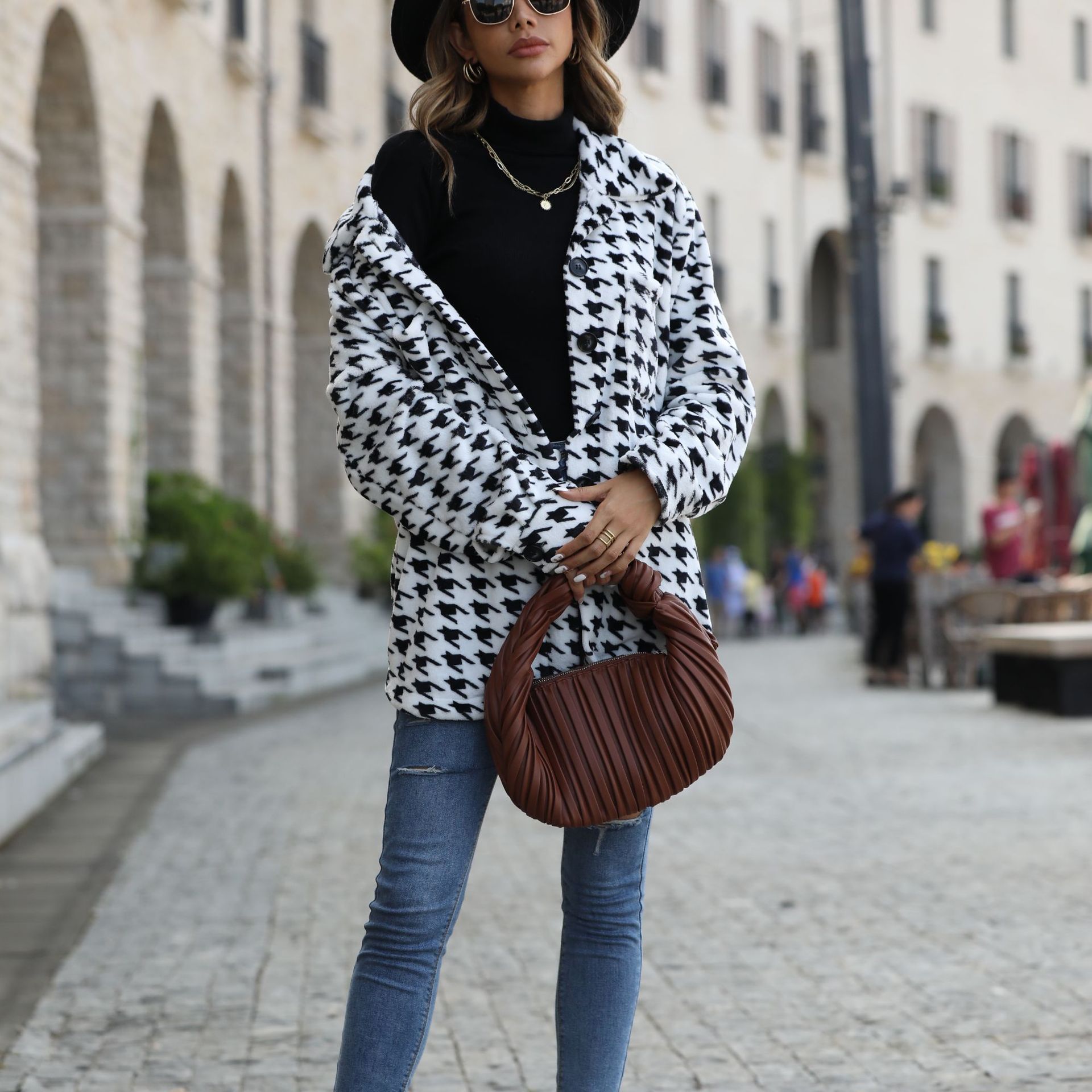 Flash velvet autumn new casual plush women's long sleeve loose houndstooth mid-length flannel suit collar coat_voghion.com