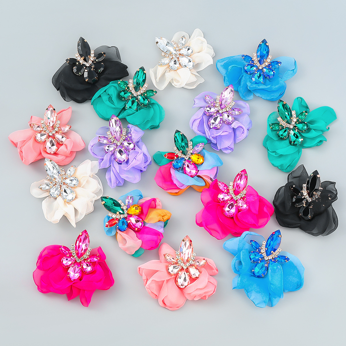 ins風合金鑲鑽布料花卉耳環女歐美復古優雅氣質耳釘跨境earrings
