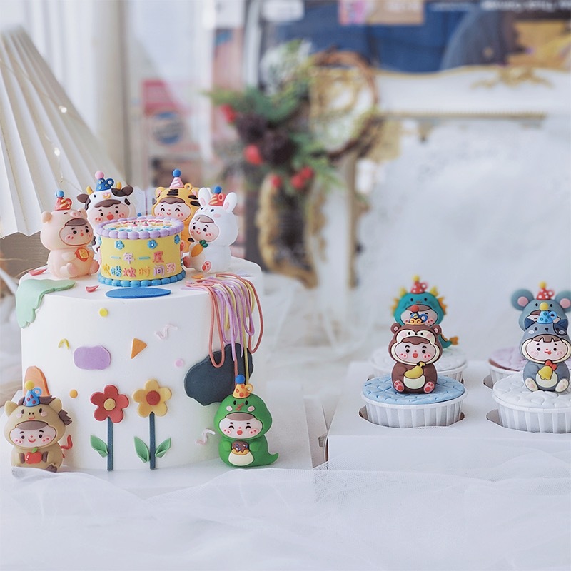 Mingkang Soft Glue Twelve Zodiac Cake Ornaments Party Hat Tiger Treasure Rabbit Baby Children's Birthday Party Baking Supplies