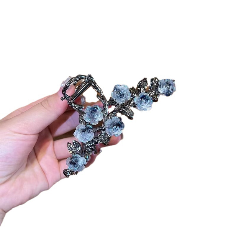 Elegant fashionable smoky gray Camellia clip French metal Women's back head elegant plate hair clip shark elegant clip