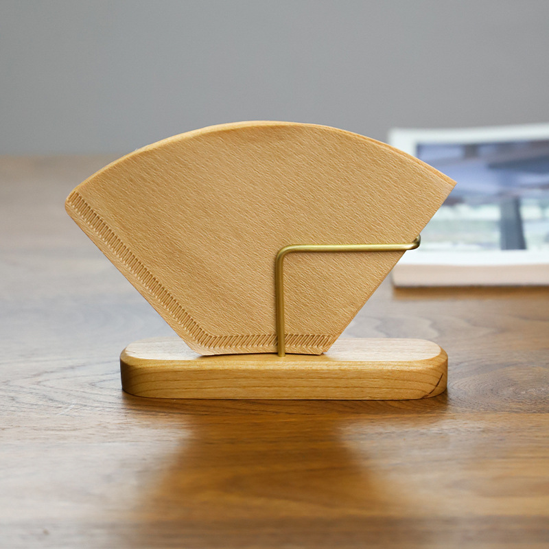 Hand coffee filter paper storage rack cherry wood brass filter paper storage box fan-shaped tissue filter paper rack high-end ins