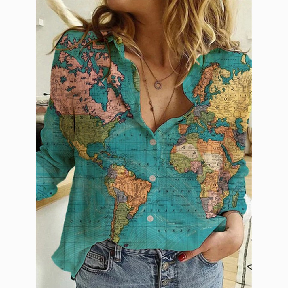 Women's 2024 Autumn New Shirt Fashion Map Depicting Printed Long Sleeve Top for Women