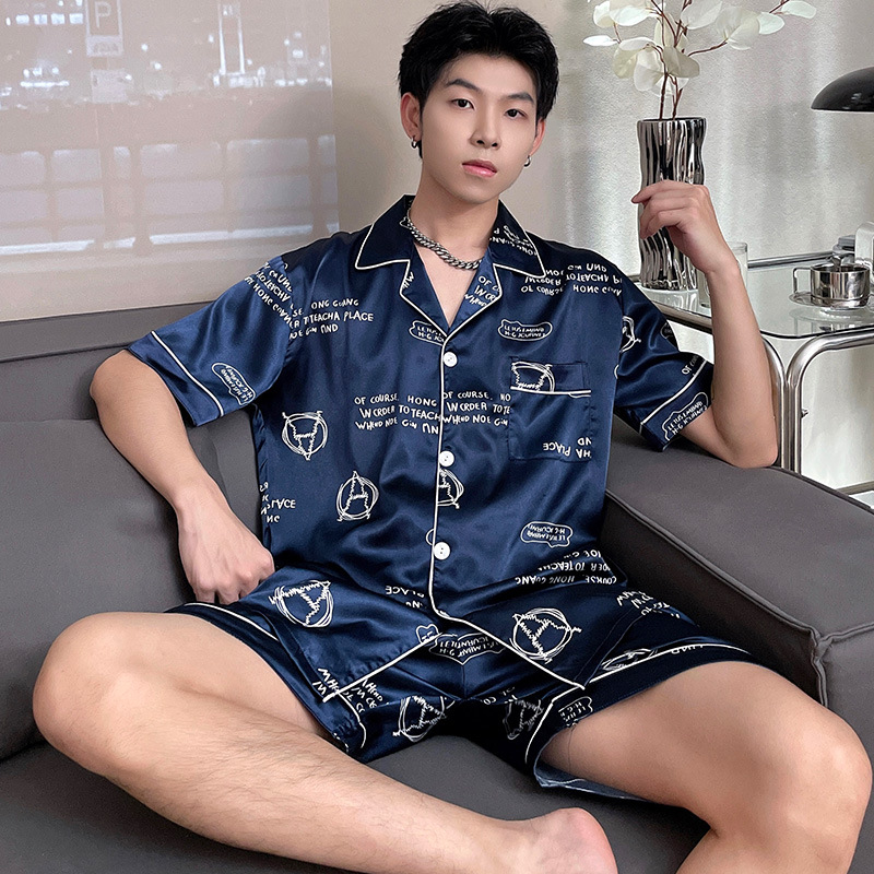 Plus size plus size men's pajamas Ice Silk short-sleeved shorts summer lapel fat fat loose homewear