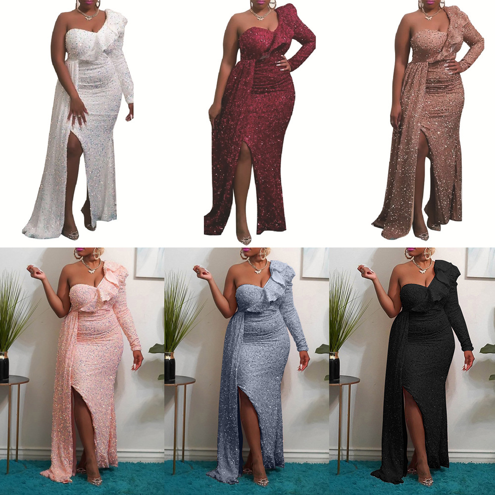 2024 Winter African Dress Fashion New One Shoulder Sequin Bridesmaid Dress Party Long Dress European and American Clothing