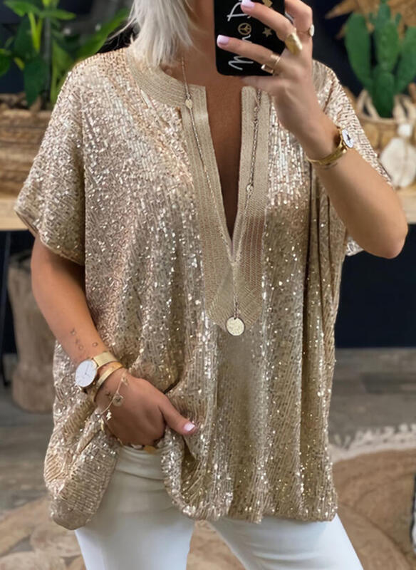 Spot 0312# Amazon Europe and the United States New loose sequins V collar short sleeve casual shirt
