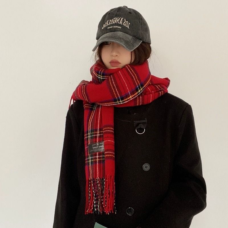 Red Scarf women's winter Korean-style Plaid all-match warm high-grade trendy new year gift Christmas scarf shawl