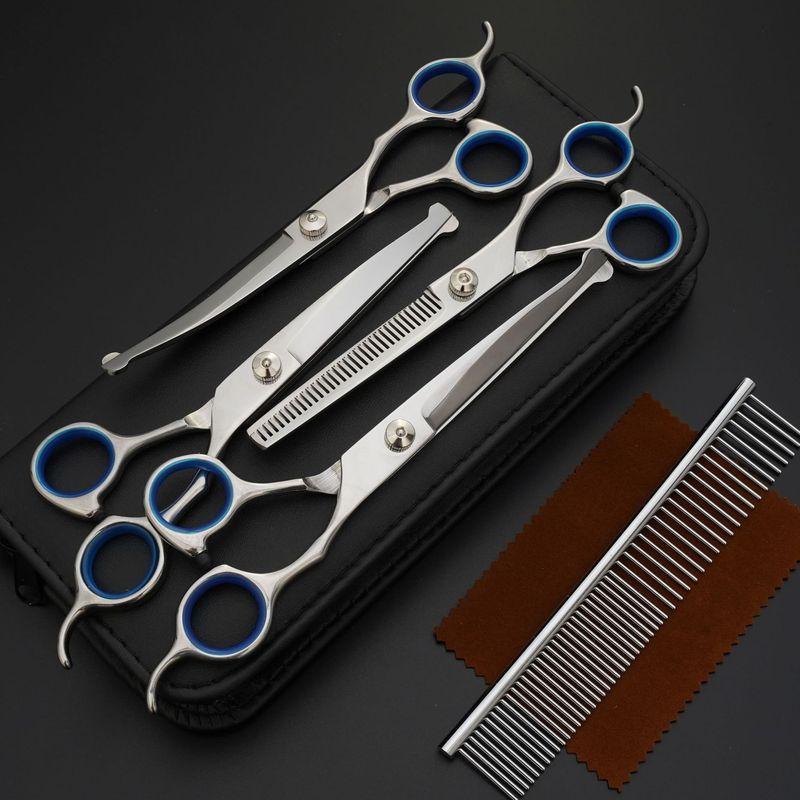 Pet Scissors 6-7 Inch Stainless Steel Round Head Safety Curved Cut Straight Dog Hair Fixer Set Pet Beauty Scissors