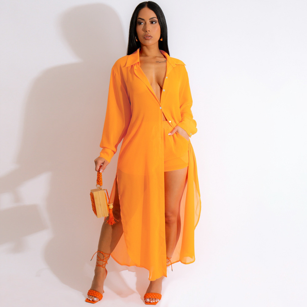 SM9307 Women's Fashion Button Split Casual Sexy Perspective Sunscreen Jacket Shorts Two-piece Suit