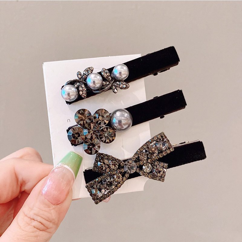 Rhinestone velvet black bangs clip high-grade side clip duckbill clip  style back head Pearl Rhinestone hairpin_voghion.com