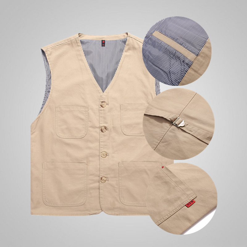 Men's Pure Cotton Large Size Vest Pure Cotton Vest Multi-Pocket Casual Waistcoat Outdoor Cross-Border Casual Vest Fishing Trendy