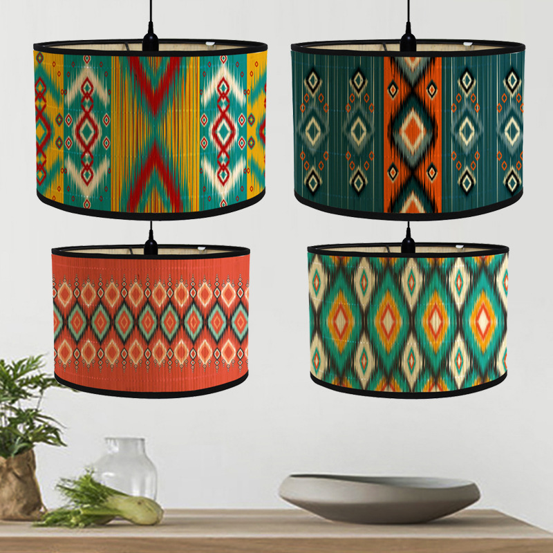 Bamboo products lampshade E27 lamp holder lamp accessories European drum type printed lampshade chandelier floor lamp hood
