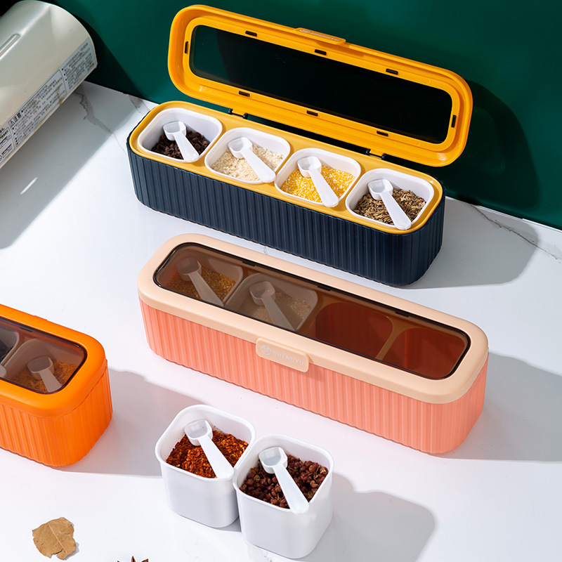New Style Light Luxury Four-compartment Integrated Seasoning Box Household Flap Seasoning Box with Spoon Combination suit Seasoning Tank Storage Box