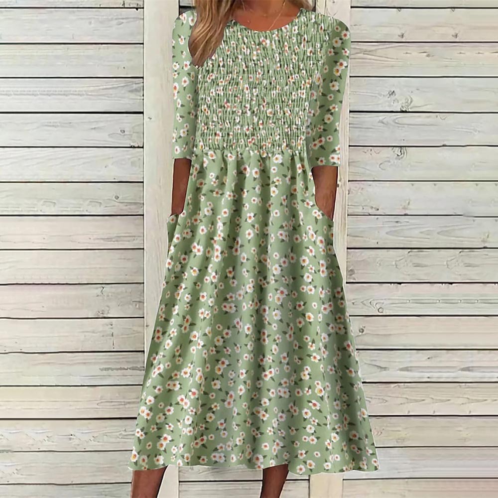 Cross-border Women's Clothing Amazon European and American Elegant Waist Printed Short-sleeved Dress 2023 Summer New Holiday Women