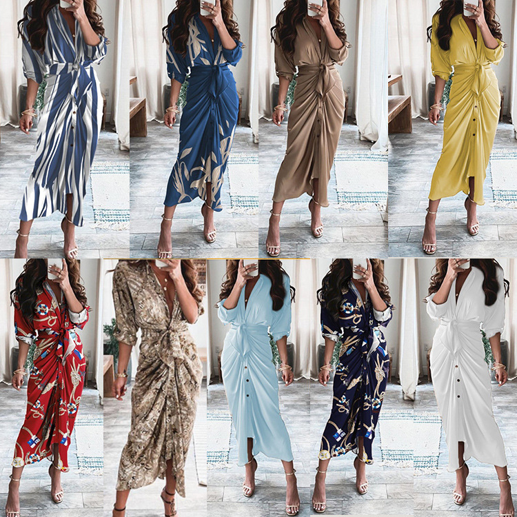 2025 Spring European and American Women's Foreign Trade New Elegant Sexy Printed V-Neck Pleated Irregular Strap dress