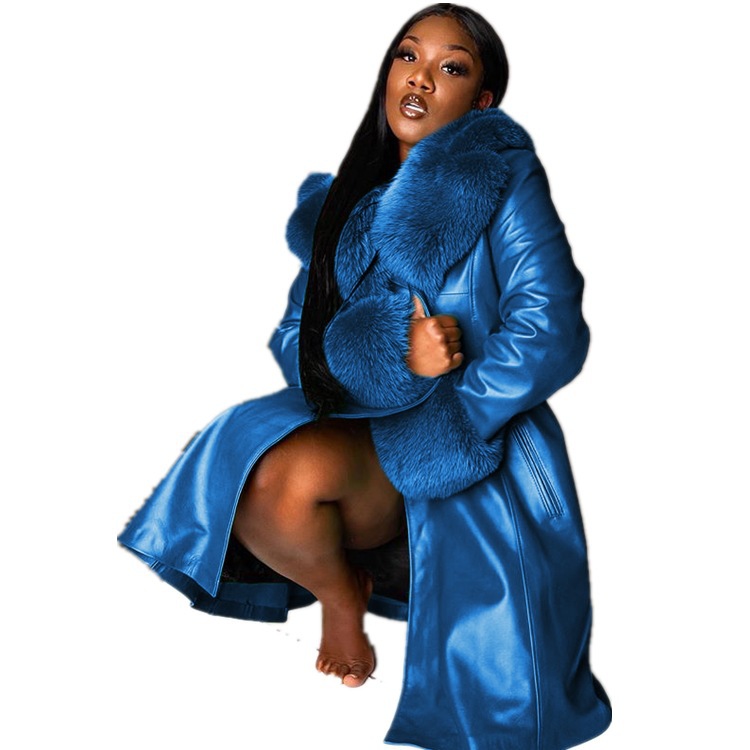 2022 autumn and winter wish European and American solid color lapel long fur collar temperament commuter zipper coat PU leather W140