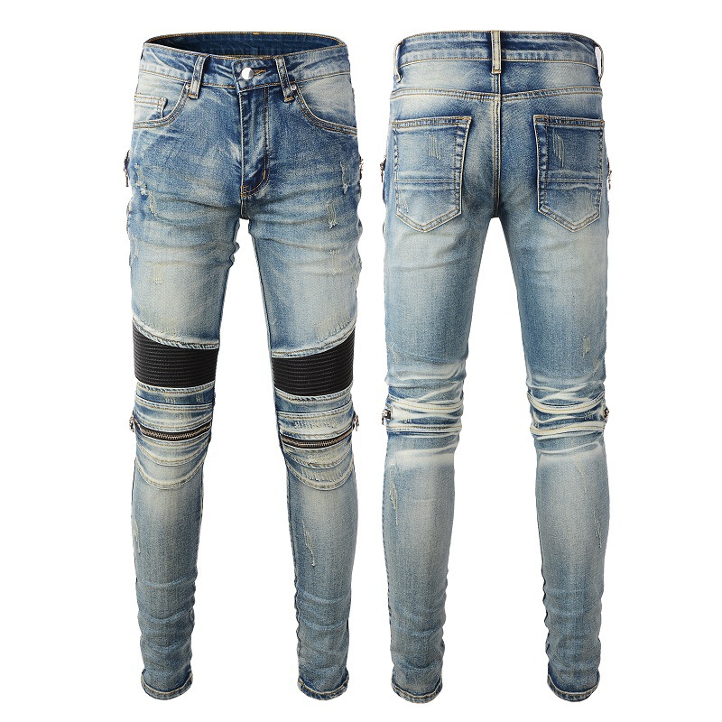 606 Korean Style Slim Fit Motorcycle Jeans High Street Jeans Zipper Patched Jeans