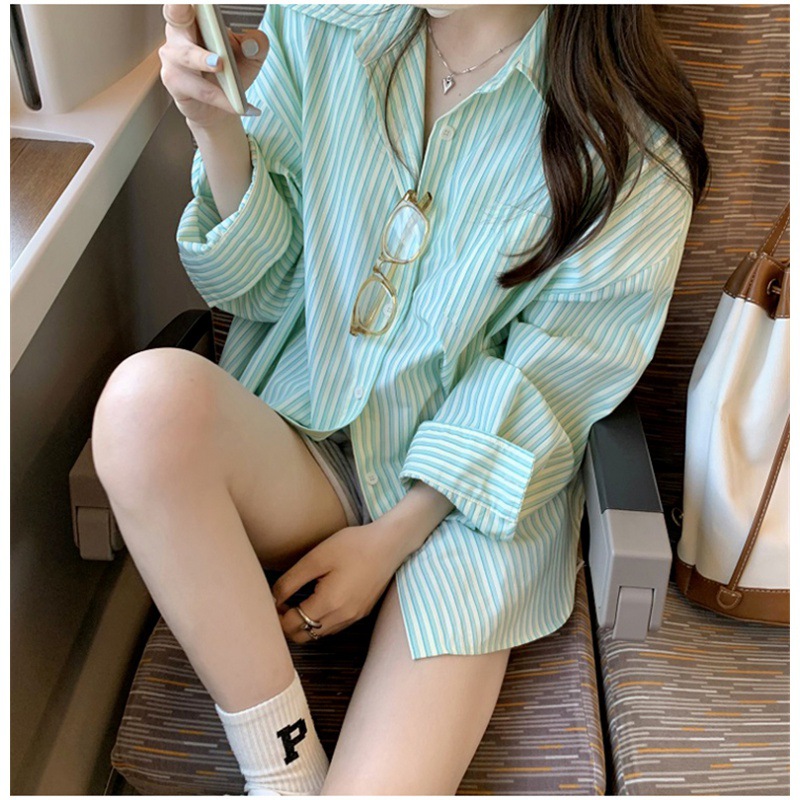 Sunscreen Striped Shirt Coat Women's Early Spring Outer Long Sleeve Top Shirt Autumn 2023 New Autumn Lazy Style