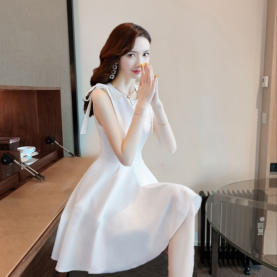 2023 new summer white small fairy dress Super fairy off-shoulder waist dress mid-length women's dress
