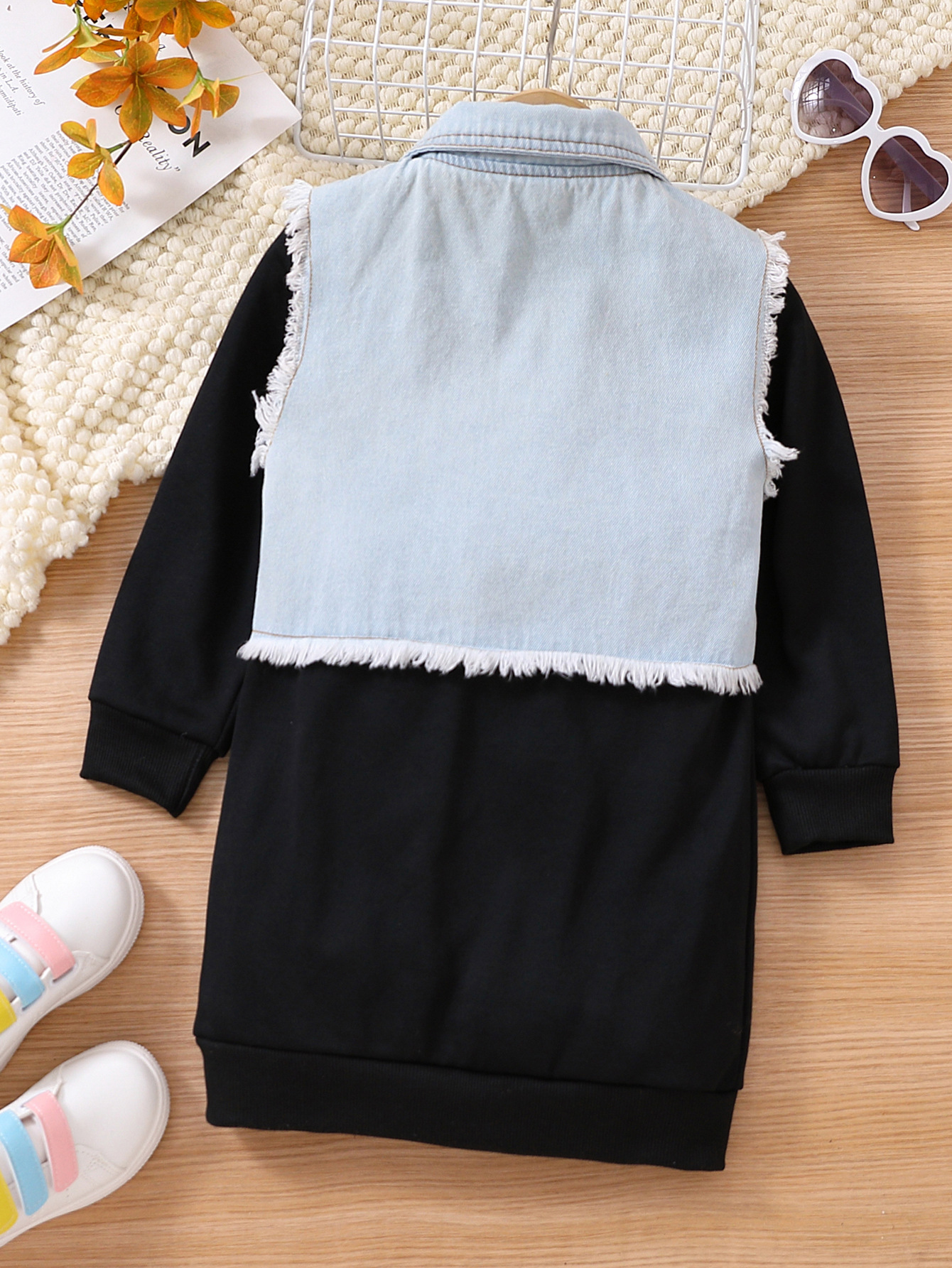 Original brand children's clothing autumn new  fashionable solid color long sleeve hoodie + stylish denim vest set of two