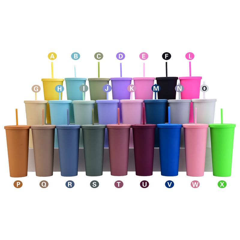 Double Layer Plastic Straw Cup Simple 24oz Large Capacity Water Cup Frosted Handy Customizable