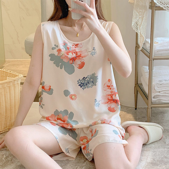 Cotton Silk Pajamas Women's Summer Sleeveless Vest Shorts Cotton Silk Home Clothes Short-sleeved Artificial Cotton Suit Cartoon Cute Thin