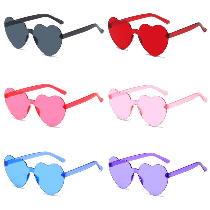 Cross-Border heart sunglasses love glasses jelly-colored frameless heart-shaped conjoined glasses dazzling color glasses wholesale