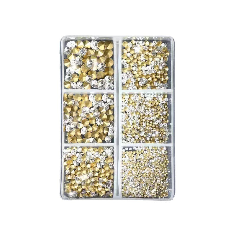 Net Red Six-Grid Nail Art Crystal Pointed Bottom Drill Czech Austrian Diamond Stack Drill Ball Stereo Transparent Rhinestone Magic Color Super Flash Drill