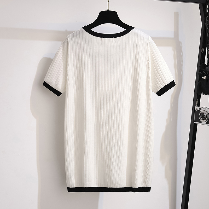 Large size women's summer ice silk small fragrant wind knitted jacket fat MM slim 200/300kg short sleeve T-shirt 8156