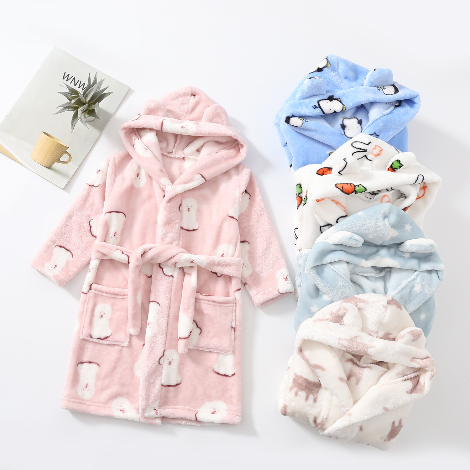 Flannel girls' printed pajamas home clothes children's double-sided fleece hooded bathrobe spring boys' sleeping with pockets