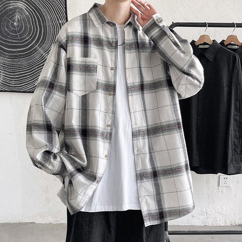 Hong Kong Style Antique Plaid Shirt Men's Spring and Autumn High Street vibe Loose Casual Korean Style ins Fashionable Large Size Jacket