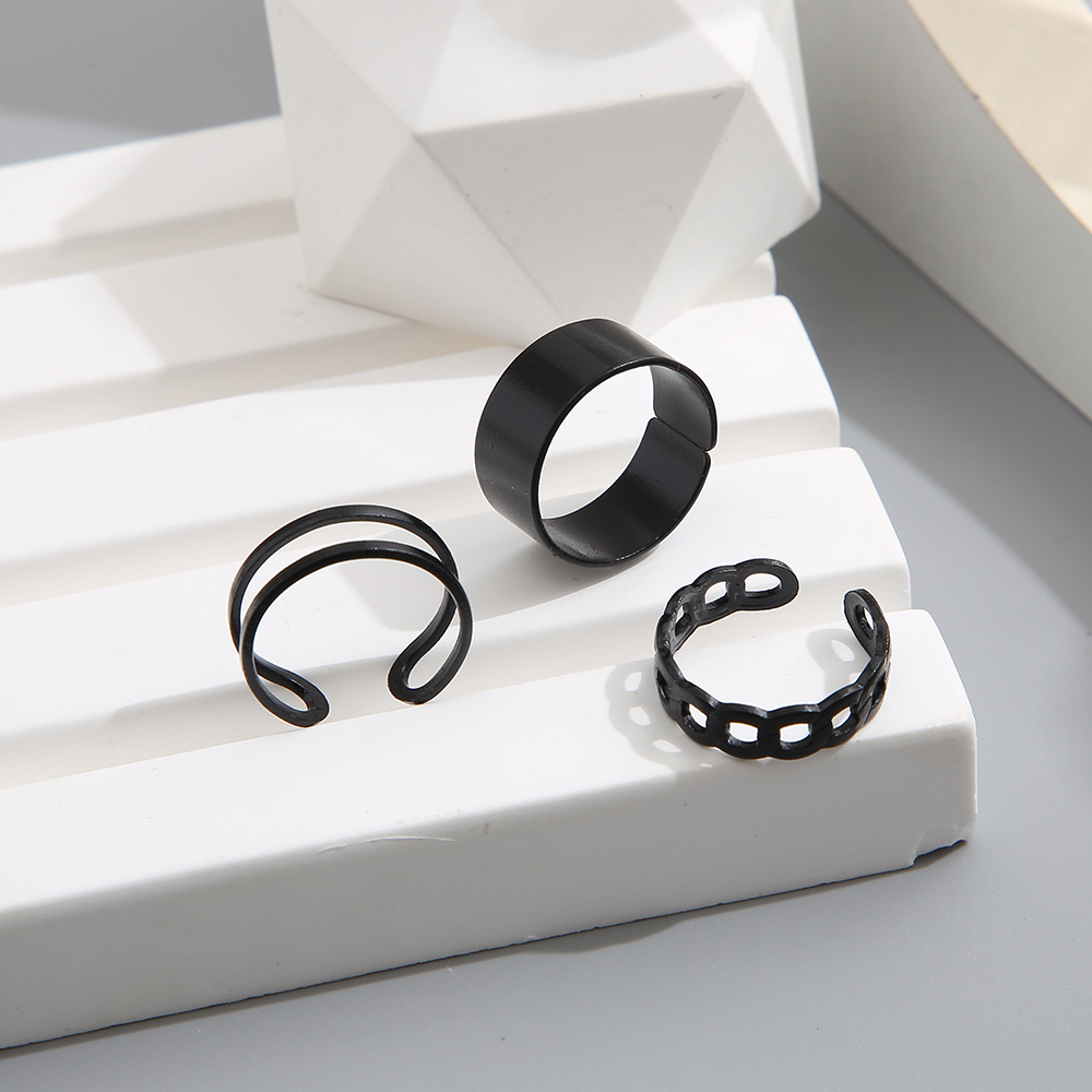 Hip-hop Cold Style C- shaped Ring Set 3-piece Set Creative Wide Face Opening Finger Ring Chain Joint Ring_voghion.com