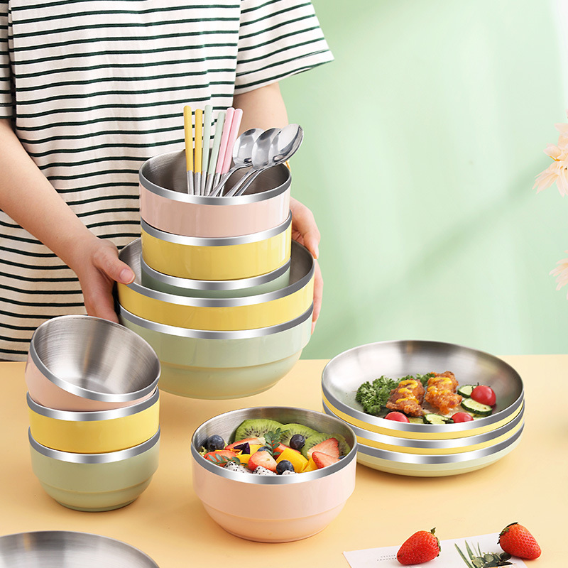 Yimai 304 Food Grade Stainless Steel Bowl, Dish, Chopsticks and Spoon Tableware Portable Household Fruit Basin Simple Combination Set