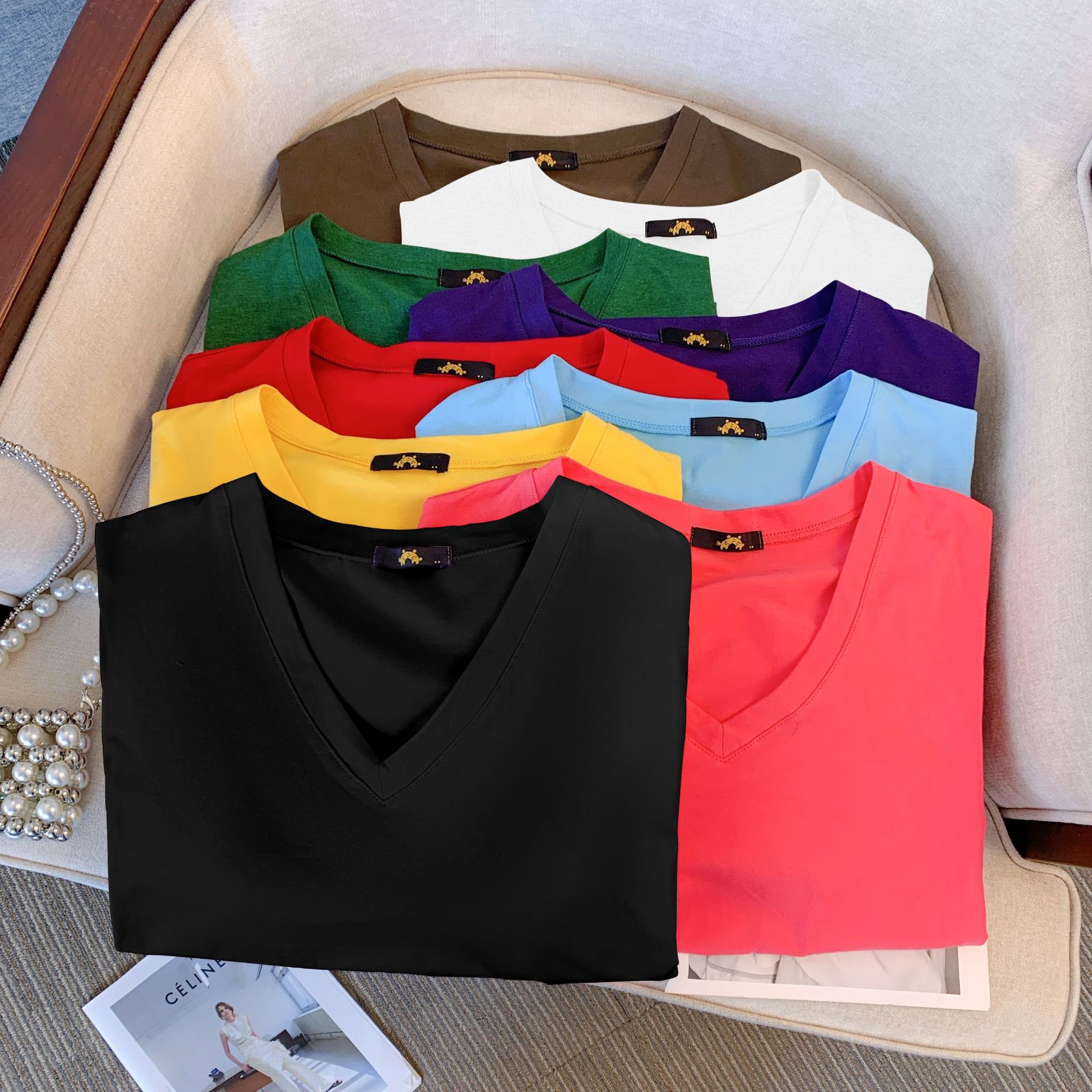 60.00 kg-175.00 kg plus size Women's chubby girl Summer Cotton Short-sleeved T-shirt Top V-neck Loose 2024 Summer New