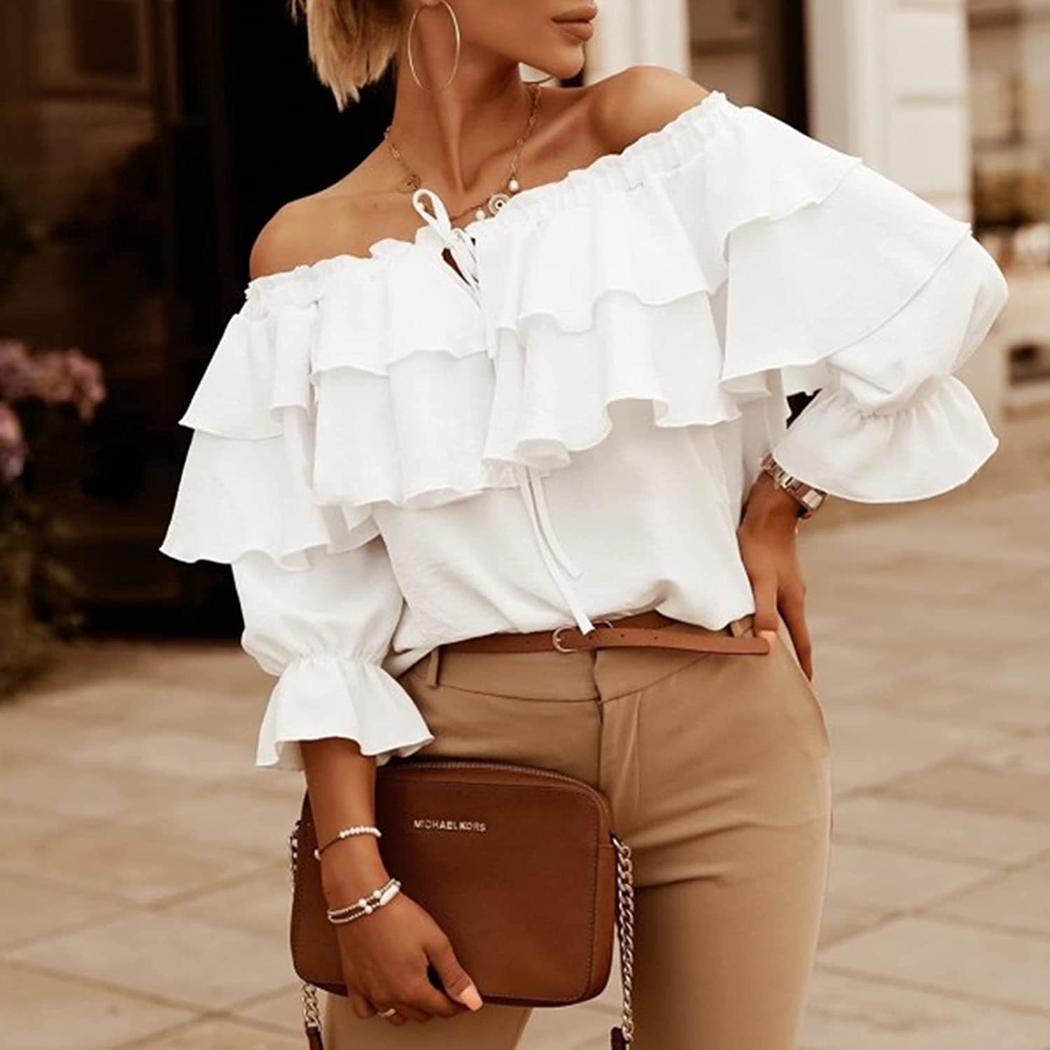 2024 Summer European and American Amazon AliExpress One-line Off-Shoulder Pleated Long-Sleeved Shirt Casual Layered Women's Top