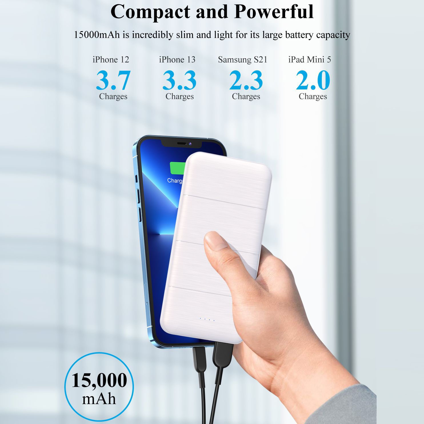 跨境便攜耐用充電寶15000mAh快充移動電源適用於蘋果小米華為手機