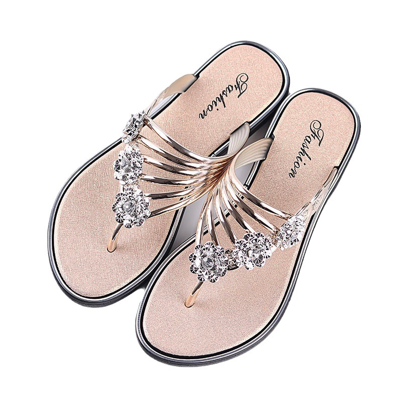 2023 Summer Women's Slippers Flower Flat Slippers Women's Rhinestone All-match Outer Wear Flip-flops Women's Flip-Flops