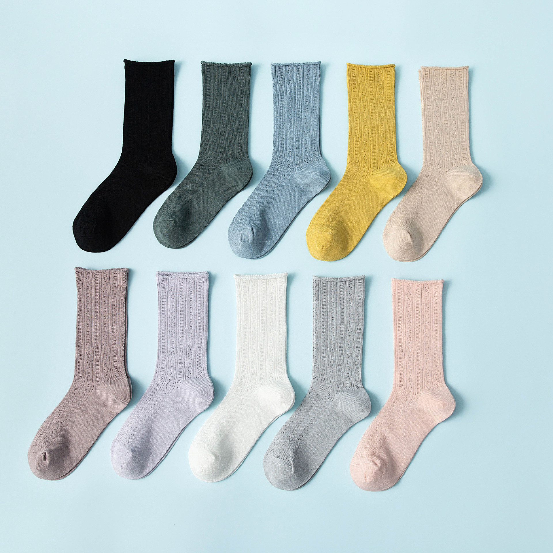 Summer Thin Breathable Sweat Absorbing Women's Socks Morandi Color Hollow Mesh Mid-Length Socks Japanese Style Solid Color Stacked Socks